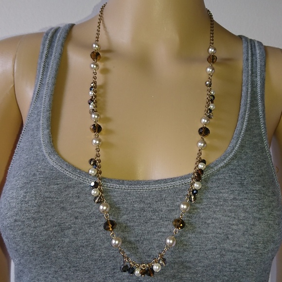 Neutral Brown Tone Triple Layer Brown, Clear & Gold Mix Beaded Necklace main image 1